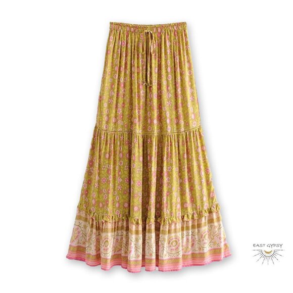 Olive Rose Blossom Floral Boho Maxi Skirt, Summer Skirt, Feminine Ruffle Skirt - Picture 1 of 4